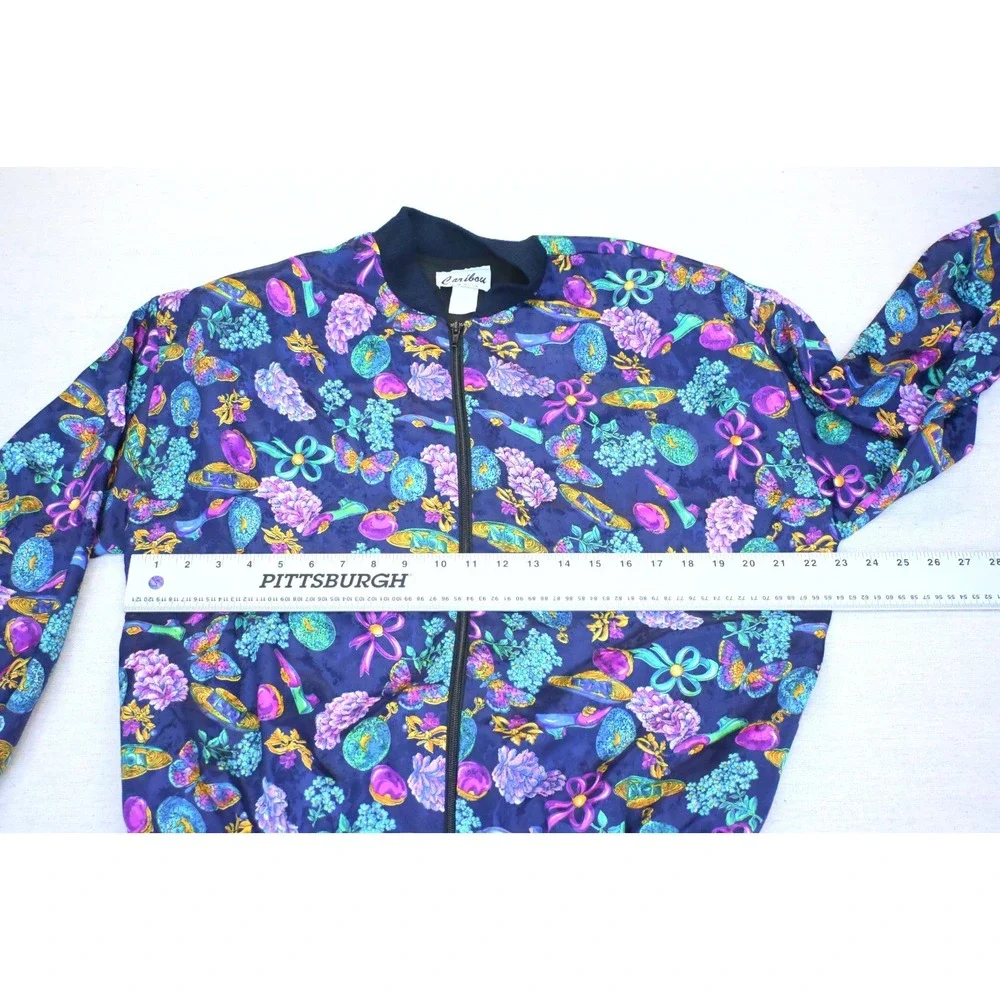 Vintage 90s Caribou Womens M Bomber Jacket Navy Perfume Print Zip Front Bold